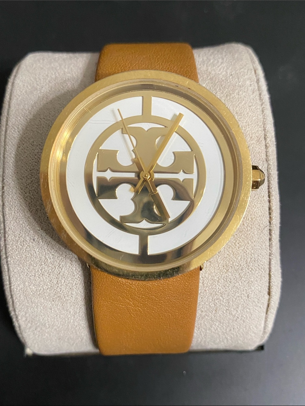 Tory Burch Gold-Tone Logo Watch with Tan Strap